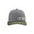 Heather Grey, Cream and Olive "One" Trucker Hat with Cream logo, snapback, front side view.