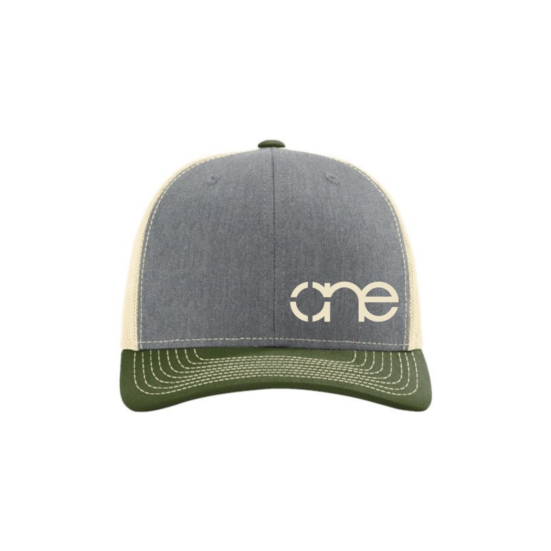 Heather Grey, Cream and Olive “One” Trucker Hat with Cream logo, snapback, front side view.