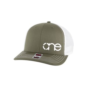 Olive and White "One" Trucker Hat with White logo, snapback, front side view.
