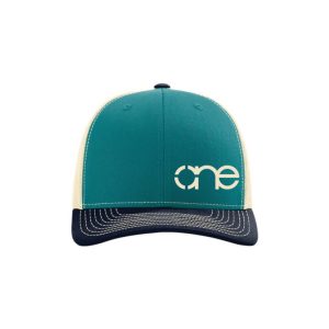 Teal, Cream and Navy Blue "One" Trucker Hat with Cream logo, snapback, front side view.