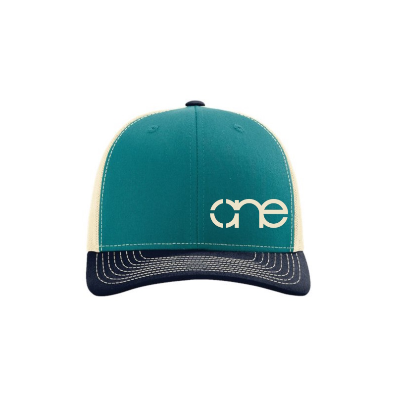 Teal, Cream and Navy Blue “One” Trucker Hat with Cream logo, snapback, front side view.