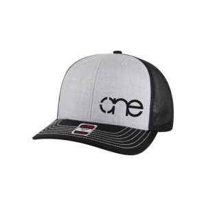 Heather Grey, Black and Black "One" Trucker Hat with Black logo, snapback, front side view.