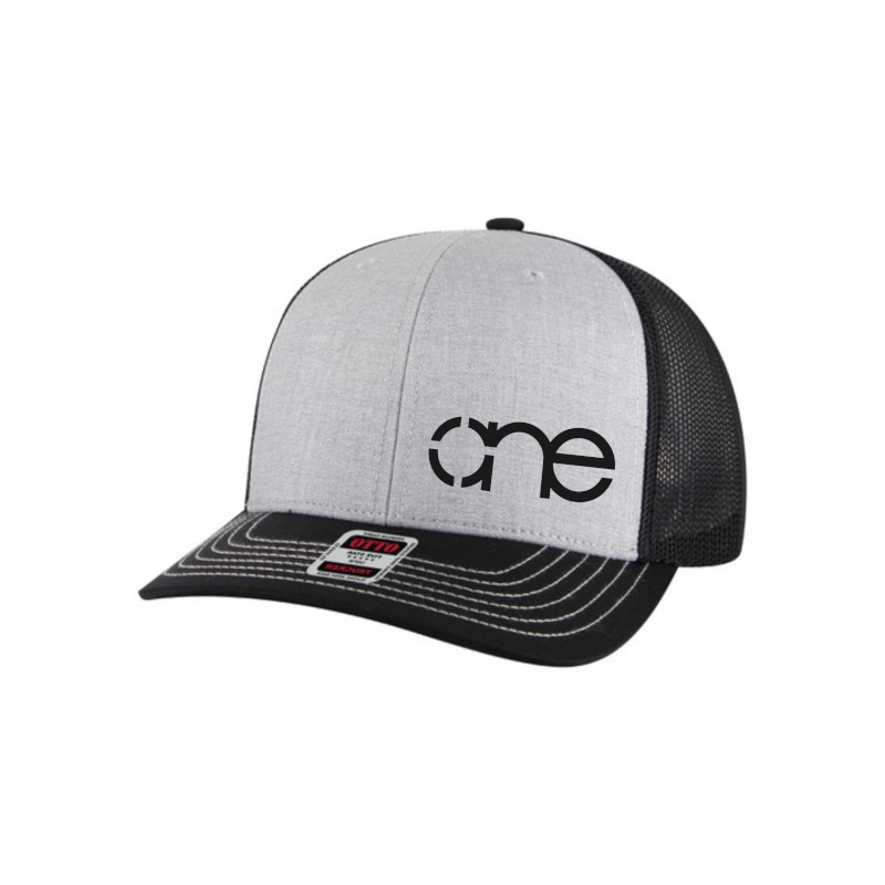 Heather Grey, Black and Black “One” Trucker Hat with Black logo, snapback, front side view.