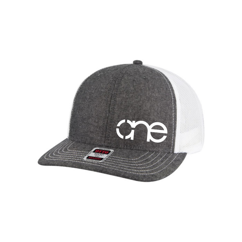 Heather Black (Chambray) and White "One" Trucker Hat with White logo, snapback, front side view.