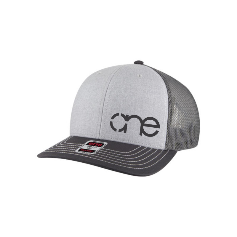 Heather Grey, Charcoal and Charcoal “One” Trucker Hat with Charcoal logo, snapback, front side view.