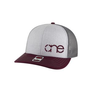 Heather Grey, Charcoal and Maroon "One" Trucker Hat with Maroon logo, snapback, front side view.