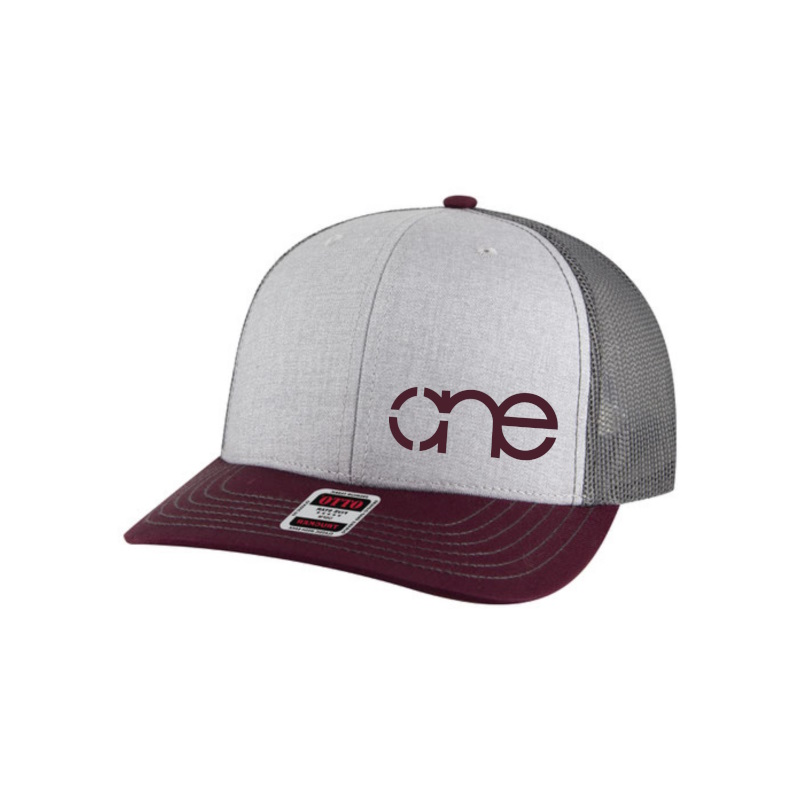 Heather Grey, Charcoal and Maroon “One” Trucker Hat with Maroon logo, snapback, front side view.