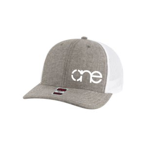 Heather Charcoal (Chambray) and White "One" Trucker Hat with White logo, snapback, front side view.