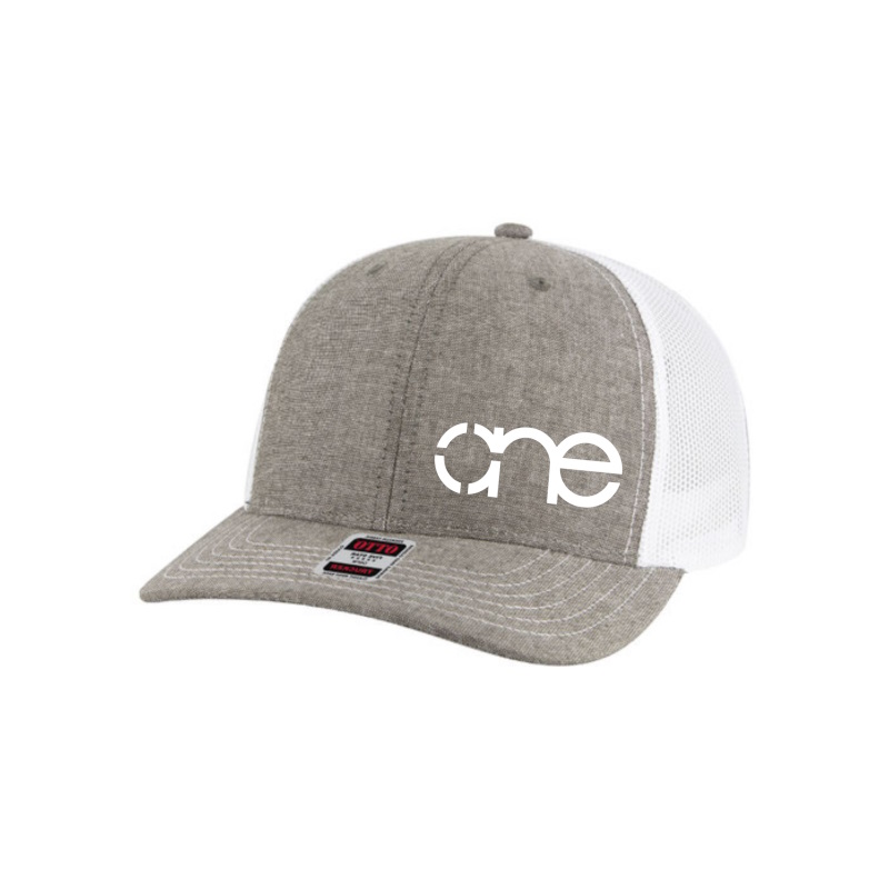 Heather Charcoal (Chambray) and White “One” Trucker Hat with White logo, snapback, front side view.