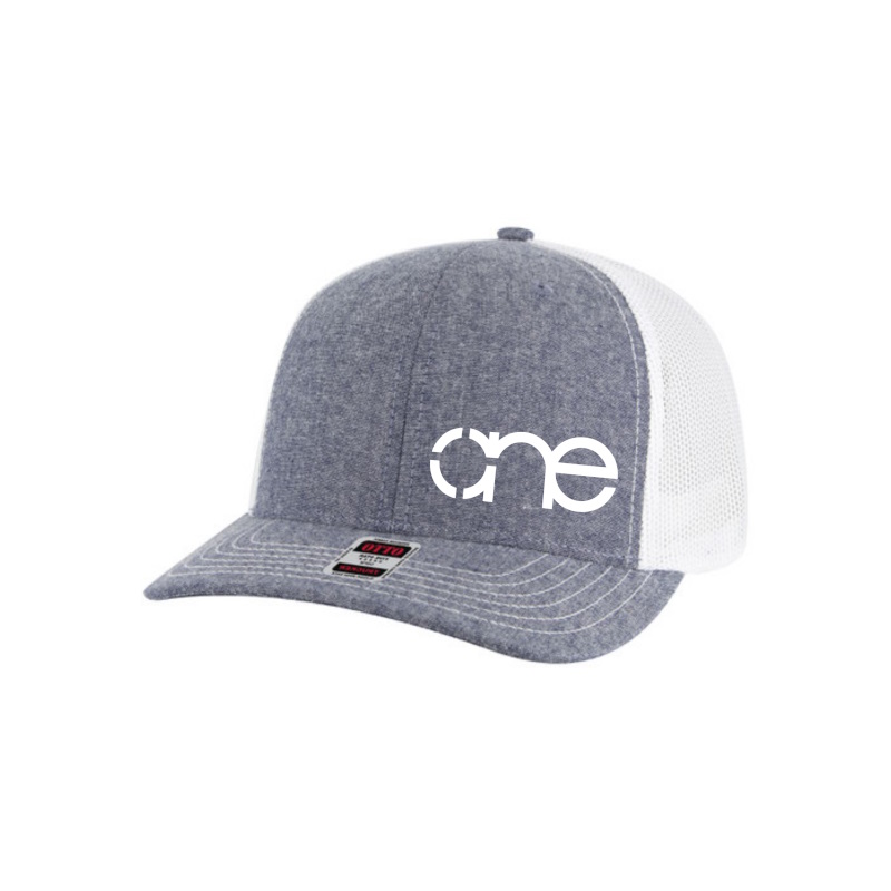 Heather Navy Blue (Chambray) and White “One” Trucker Hat with White logo, snapback, front side view.