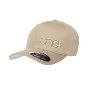 Large / X-Large Khaki Flexfit hat with khaki "One" logo with white outline, front side view.