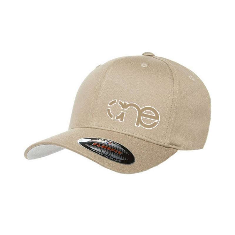 Large / X-Large Khaki Flexfit hat with khaki “One” logo with white outline, front side view.
