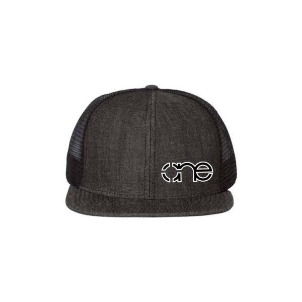 Black Denim "One" Trucker Hat with Black logo and white outline, snapback, front view.