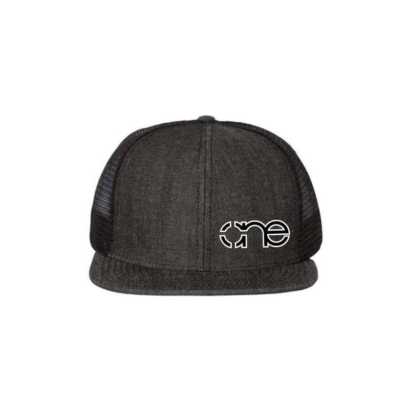Black Denim "One" Trucker Hat with Black logo and white outline, snapback, front view.
