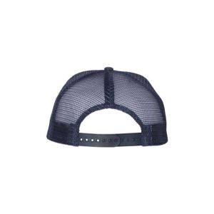 Navy Blue Denim "One" Trucker Hat with Navy Blue logo and white outline, snapback, back view.