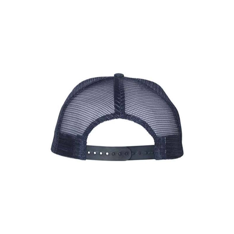 Navy Blue Denim “One” Trucker Hat with Navy Blue logo and white outline, snapback, back view.