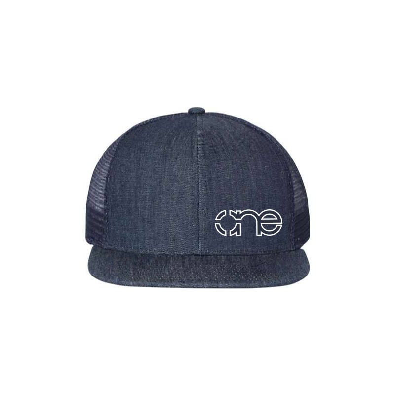 Navy Blue Denim “One” Trucker Hat with Navy Blue logo and white outline, snapback, front view.