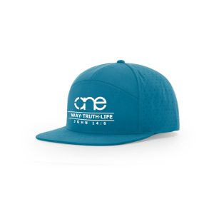 One Way Truth Life 7-Panel Hat in Pool Blue, Snapback, Flat Bill, front side view.