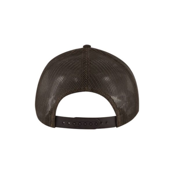 Olive, Brown, and Brown "One" Trucker Hat with Brown logo, snapback, back view.