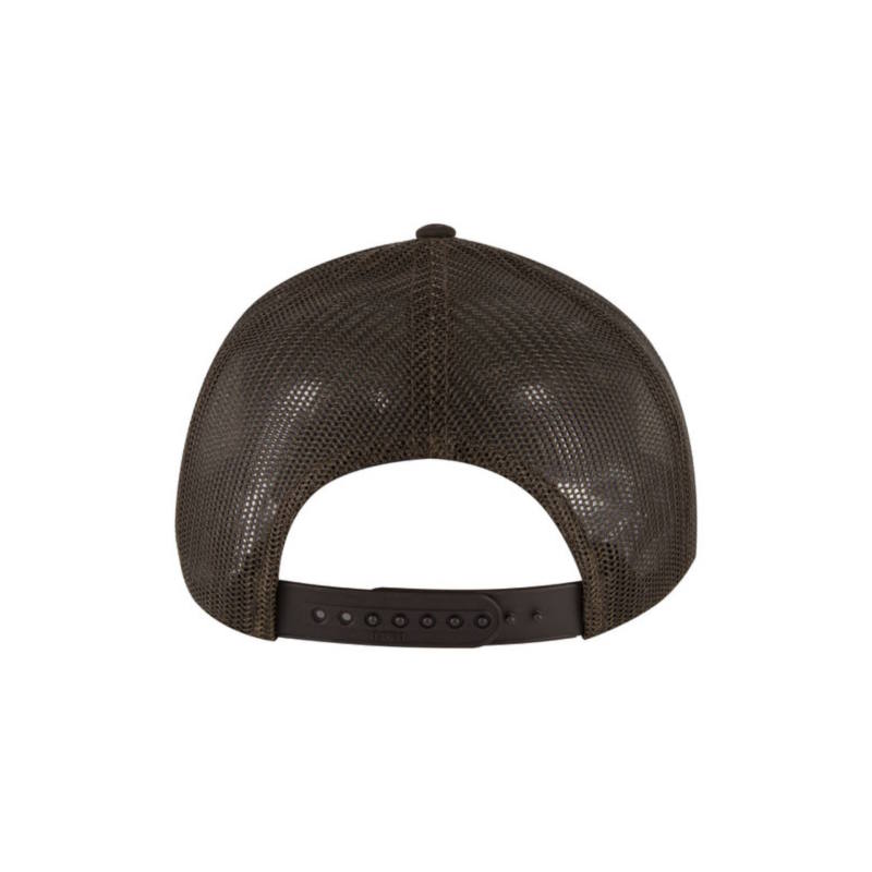 Olive, Brown, and Brown “One” Trucker Hat with Brown logo, snapback, back view.