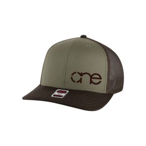 Olive, Brown, and Brown "One" Trucker Hat with Brown logo, snapback, front side view.