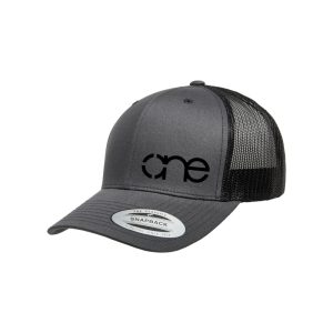 Charcoal and Black "One" Trucker Hat with Black logo, snapback, front side view.