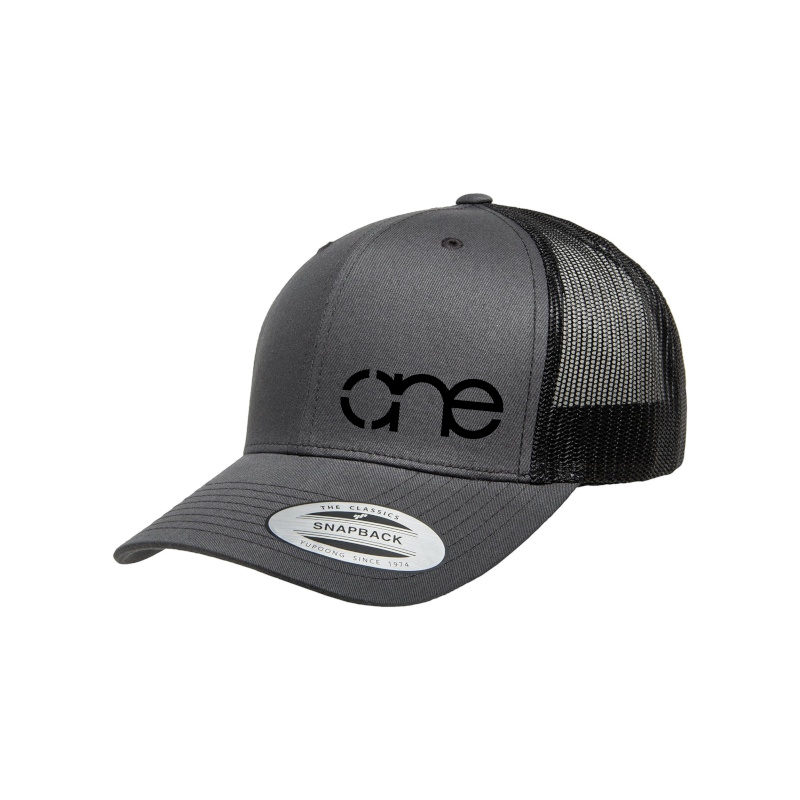 Charcoal and Black “One” Trucker Hat with Black logo, snapback, front side view.
