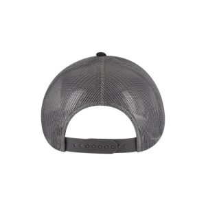 Charcoal, Charcoal and Black "One" Trucker Hat with Black logo, snapback, back view.
