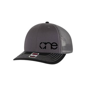 Charcoal, Charcoal and Black "One" Trucker Hat with Black logo, snapback, front side view.