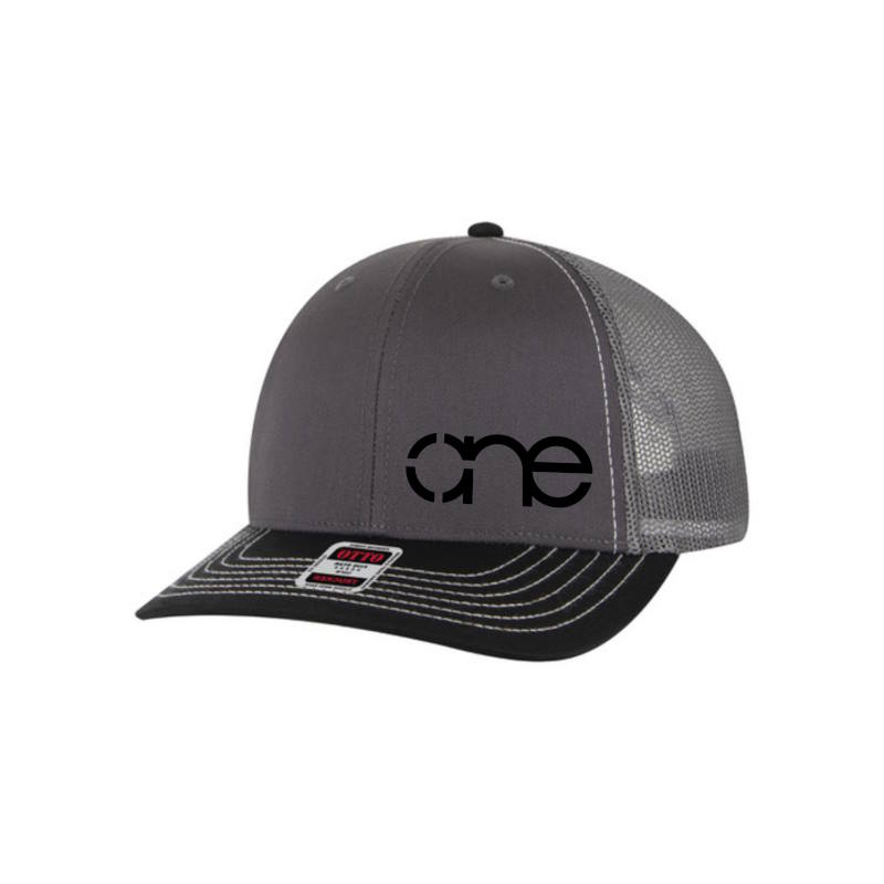 Charcoal, Charcoal and Black “One” Trucker Hat with Black logo, snapback, front side view.