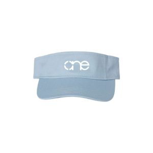 Light Blue "One" Visor Hat with White logo, hook and loop (velcro), front side view.