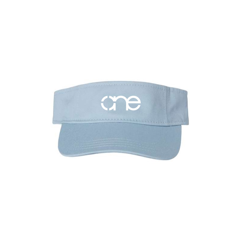 Light Blue “One” Visor Hat with White logo, hook and loop (velcro), front side view.