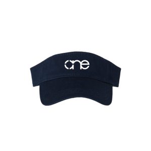 Navy Blue "One" Visor Hat with White logo, hook and loop (velcro), front side view.