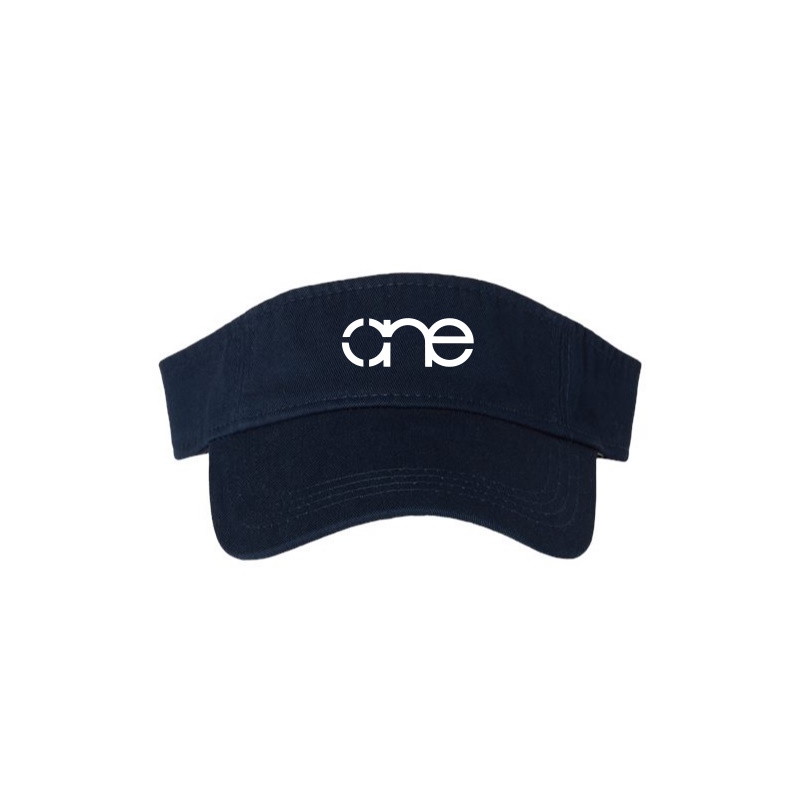 Navy Blue “One” Visor Hat with White logo, hook and loop (velcro), front side view.