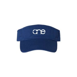 Royal Blue "One" Visor Hat with White logo, hook and loop (velcro), front side view.