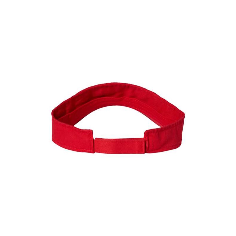 Red “One” Visor Hat with White logo, hook and loop (velcro), back side view.