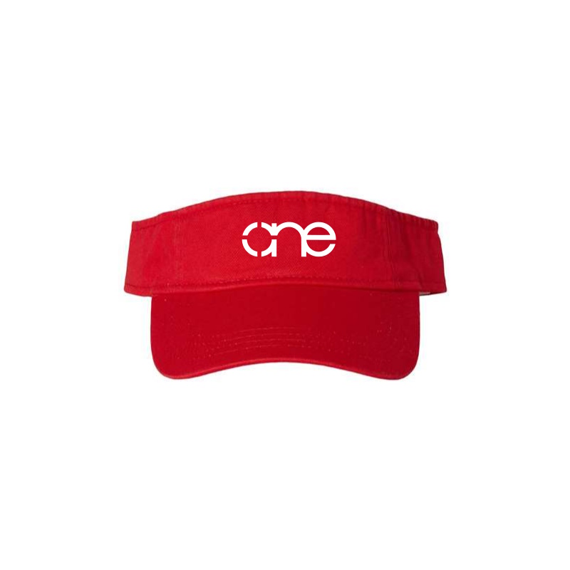 Red “One” Visor Hat with White logo, hook and loop (velcro), front side view.