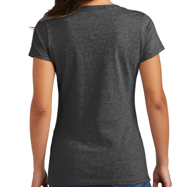 Ladies heather black short sleeve V-neck "One" embroidered Christian tee shirt, back view.