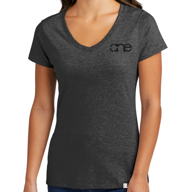 Ladies heather black short sleeve V-neck “One” embroidered Christian tee shirt, front view.