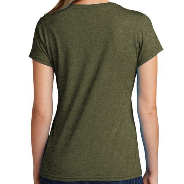 Ladies heather military green short sleeve V-neck "One" embroidered Christian tee shirt, back view.