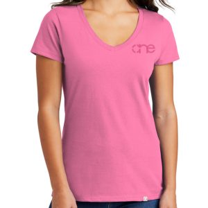 Ladies new pink short sleeve V-neck "One" embroidered Christian tee shirt, front view.