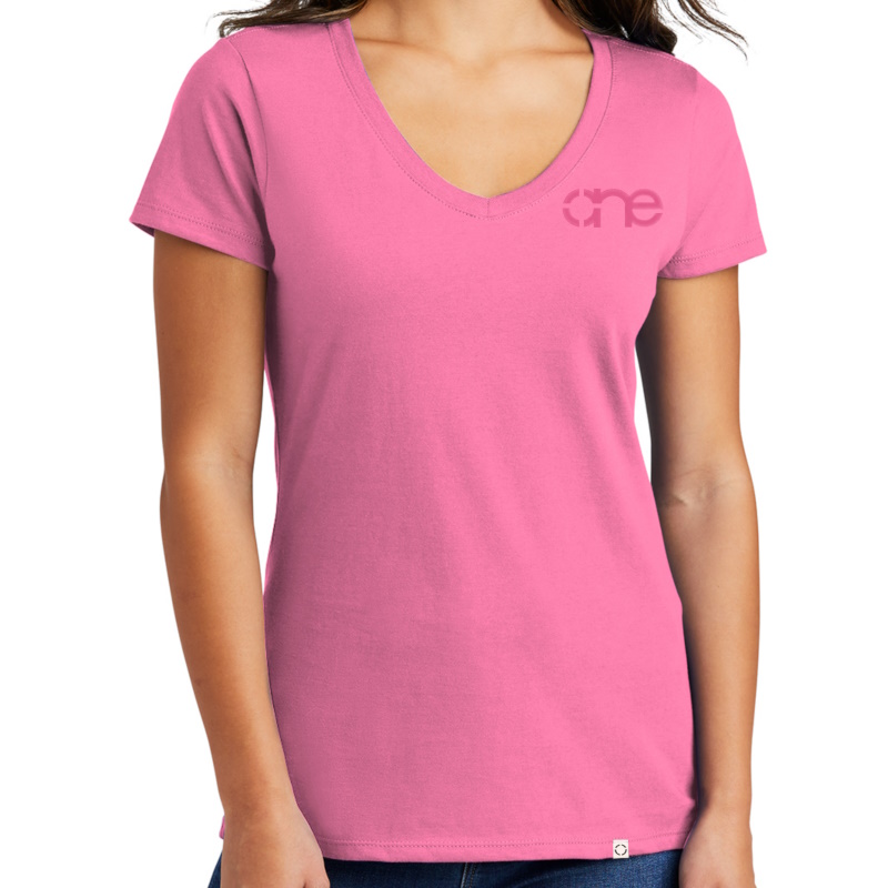 Ladies new pink short sleeve V-neck “One” embroidered Christian tee shirt, front view.