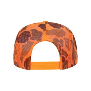 Orange Camo "One Way Truth Life" Trucker Hat with Black logo, snapback, back view.