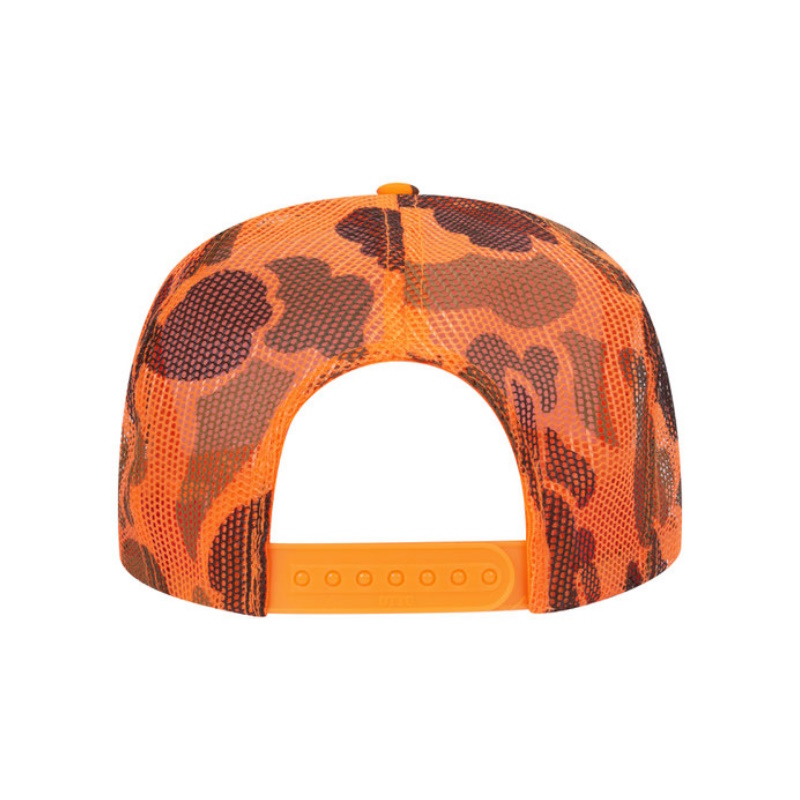 Orange Camo “One Way Truth Life” Trucker Hat with Black logo, snapback, back view.