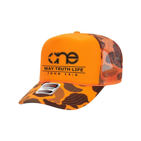 Orange Camo "One Way Truth Life" Trucker Hat with Black logo, snapback, front side view.