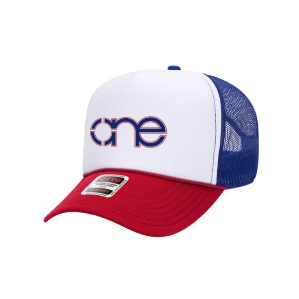 White, Blue and Red "One Way Truth Life" Trucker Hat with Blue and Red logo, snapback, front side view.