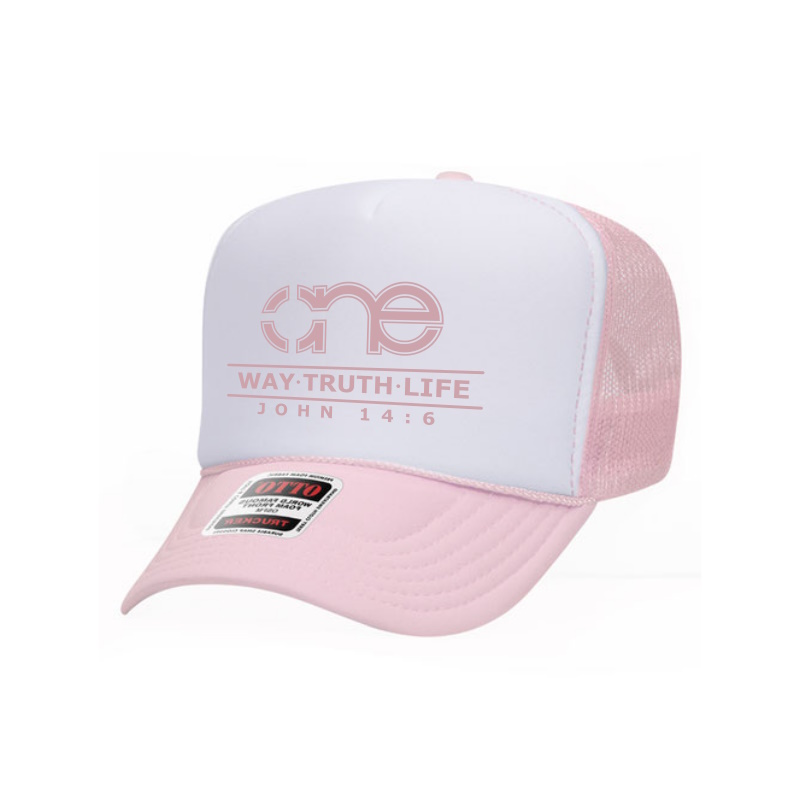 White and Pink “One Way Truth Life” Trucker Hat with Pink logo, snapback, front side view.