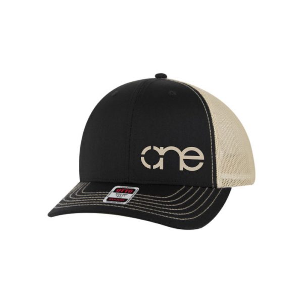 Black and Khaki "One" Trucker Hat with Khaki logo, snapback, front side view.