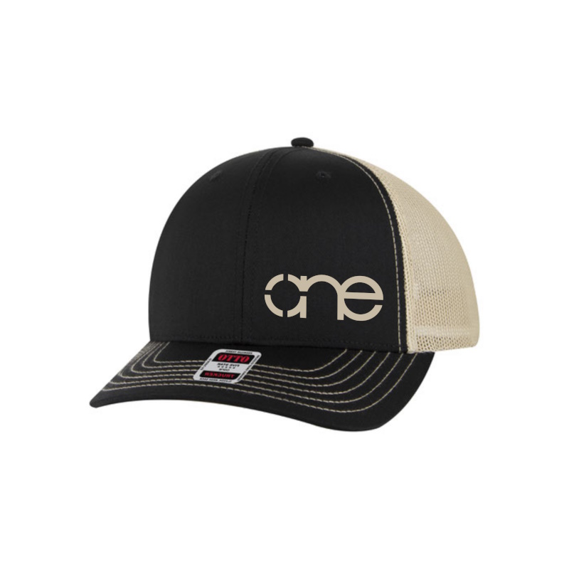 Black and Khaki “One” Trucker Hat with Khaki logo, snapback, front side view.