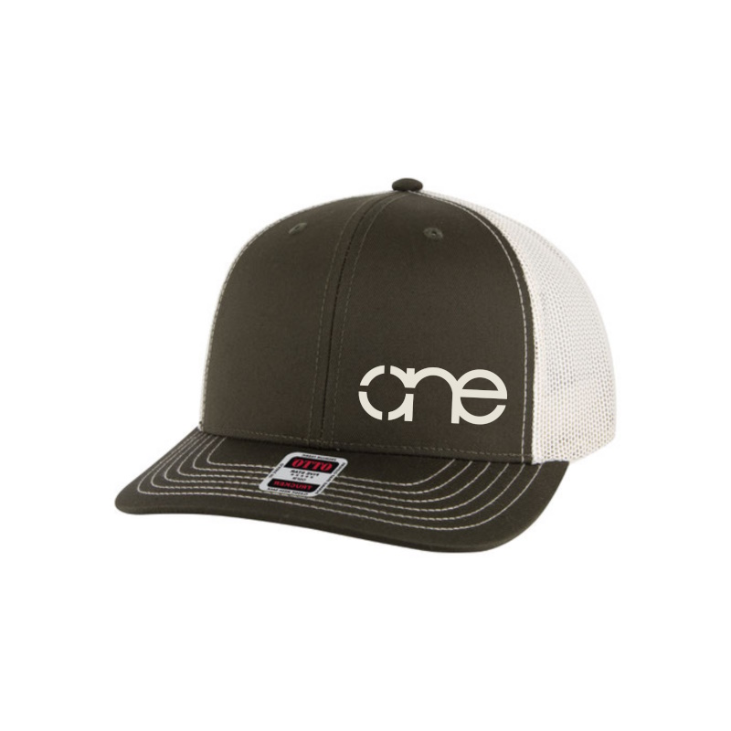 Dark Olive and Light Khaki “One” Trucker Hat with Light Khaki logo, snapback, front side view.